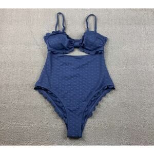 Cupshe One Piece Swimsuit Women M Navy Textured Scallop Ruffle Cutout Beach Sun‎